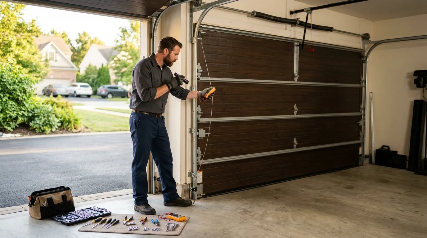 Garage door technician repairing a residential garage door in Beaumont Texas